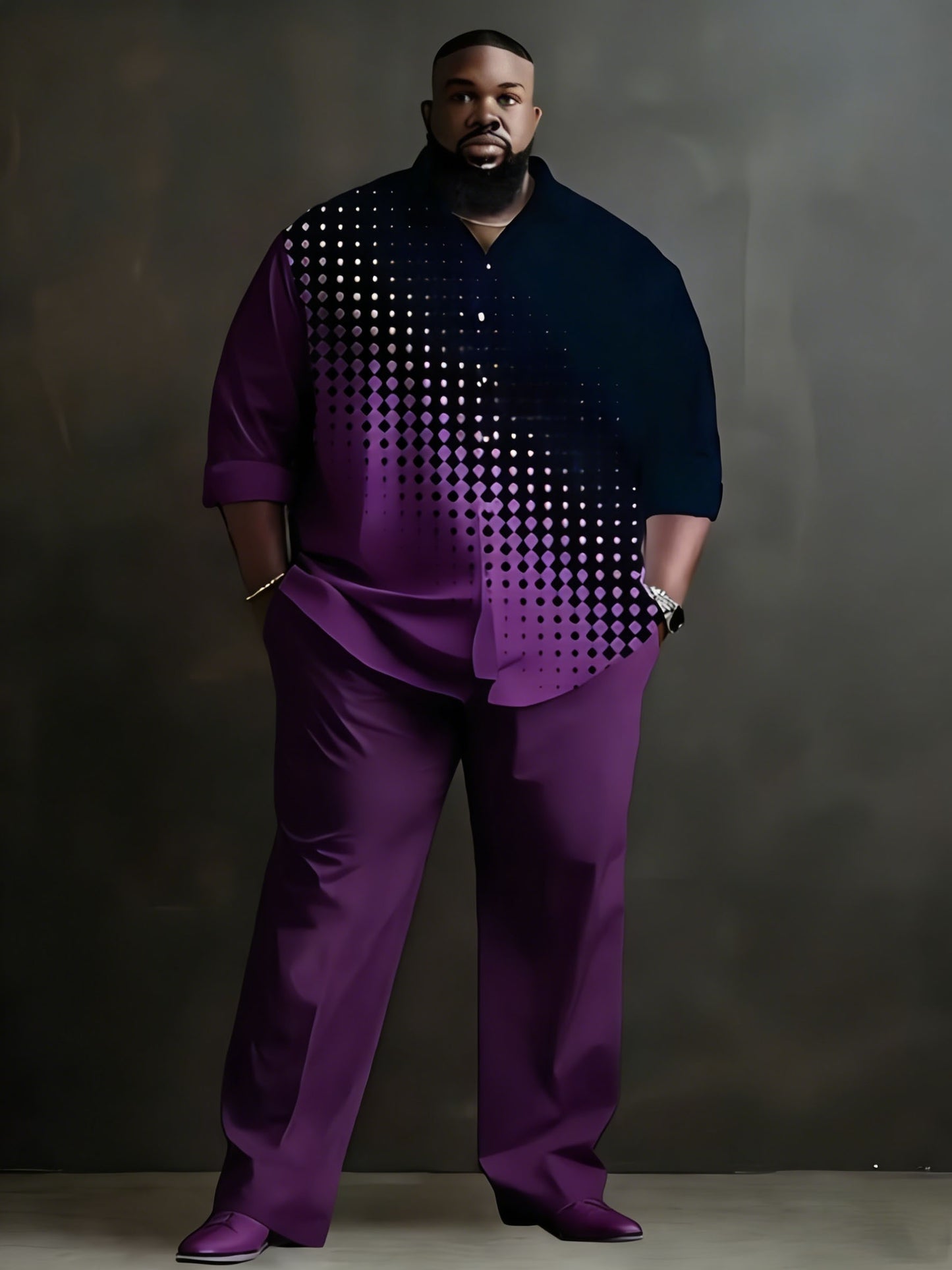 2pcs Set- Plus-size Men's Long-sleeved Shirt and Trousers Set, Yellow and Black Contrast Stitching, Polka Dot Print, Local Warehouse, Suitable for All Seasons, Suitable for Leisure, Parties, Festivals, Daily Office Use, Wrinkle-resistant Polyester