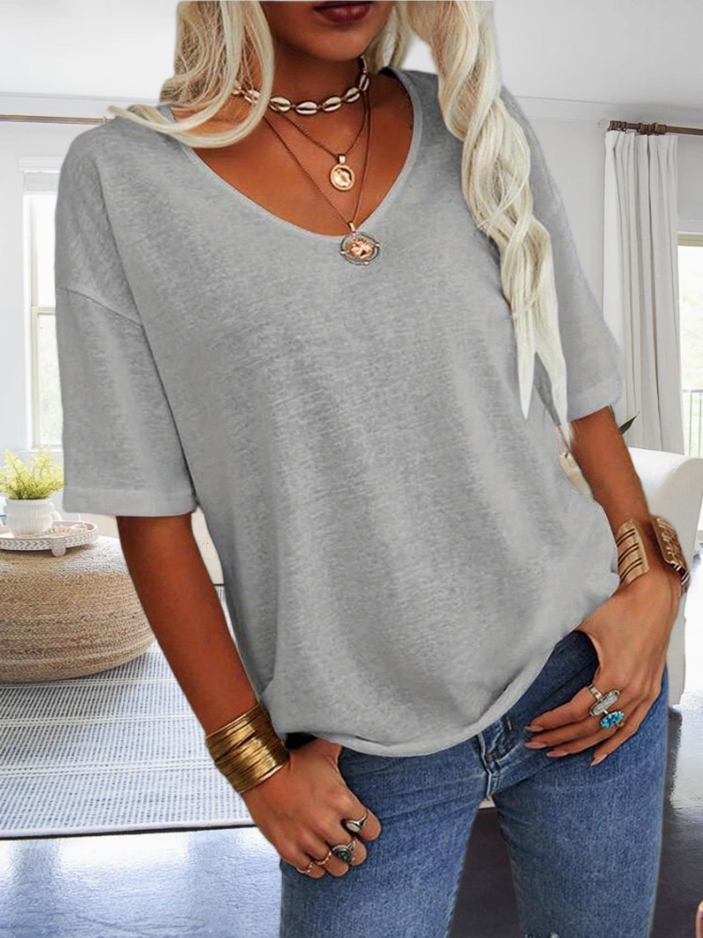 Women's Casual Loungewear Top, Loose V-Neck Short Sleeve Shirt, Soft Comfy Basic Daily Home Wear