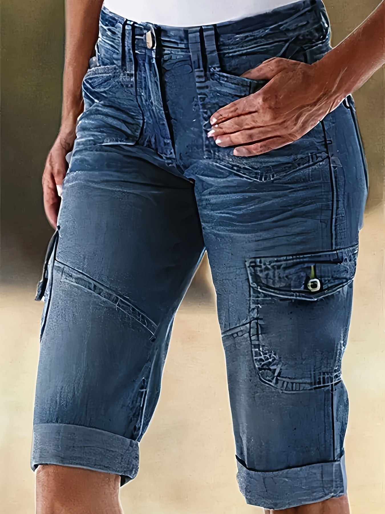 Cargo Casual Women Five Points You Jeans, Heavy Washing, Splicing Design Point, Elastic Fabric Comfortable And Hip Lifting, Women's Summer Leisure Jeans