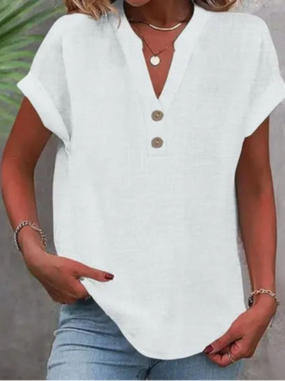 ZOELNIC Women's V-Neck Button-Front Placket T-Shirts - Short Sleeve Casual Summer Tops, Breathable Daily Wear Shirts Suitable for Spring/Summer, Solid Color Casual Wear, Machine Washable (No)