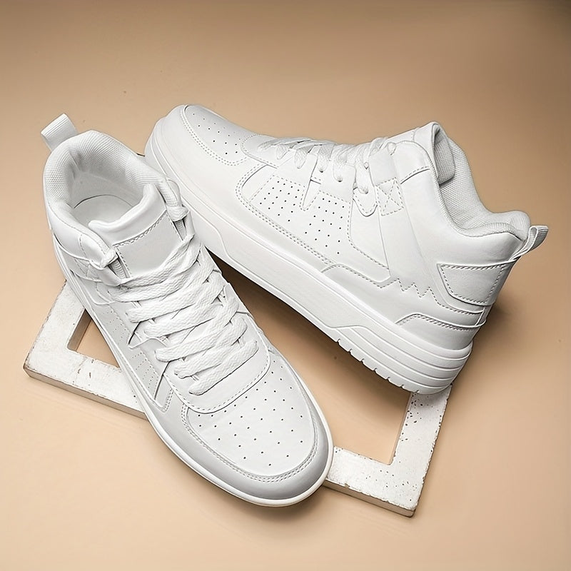 Men's High-Top Lace-Up Sneakers - Durable, Lightweight, Fashionable Casual Sports Shoes, White, PU Upper, MD Sole, EVA/Fabric Insole, Round Toe, Ideal for Hiking, Running & Leisure, Cross Sports Shoes | Lace-Up Closure | Stylish Stitchin