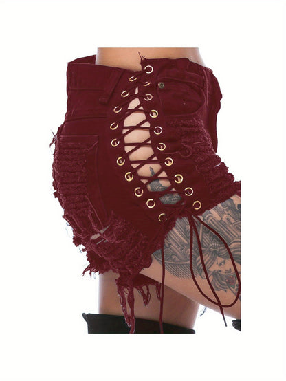 Ripped Bandage Denim Hot Shorts: European Style Side Eyelet Detail, Stretch Slim Fit, Sexy Spring/ Summer Trend!