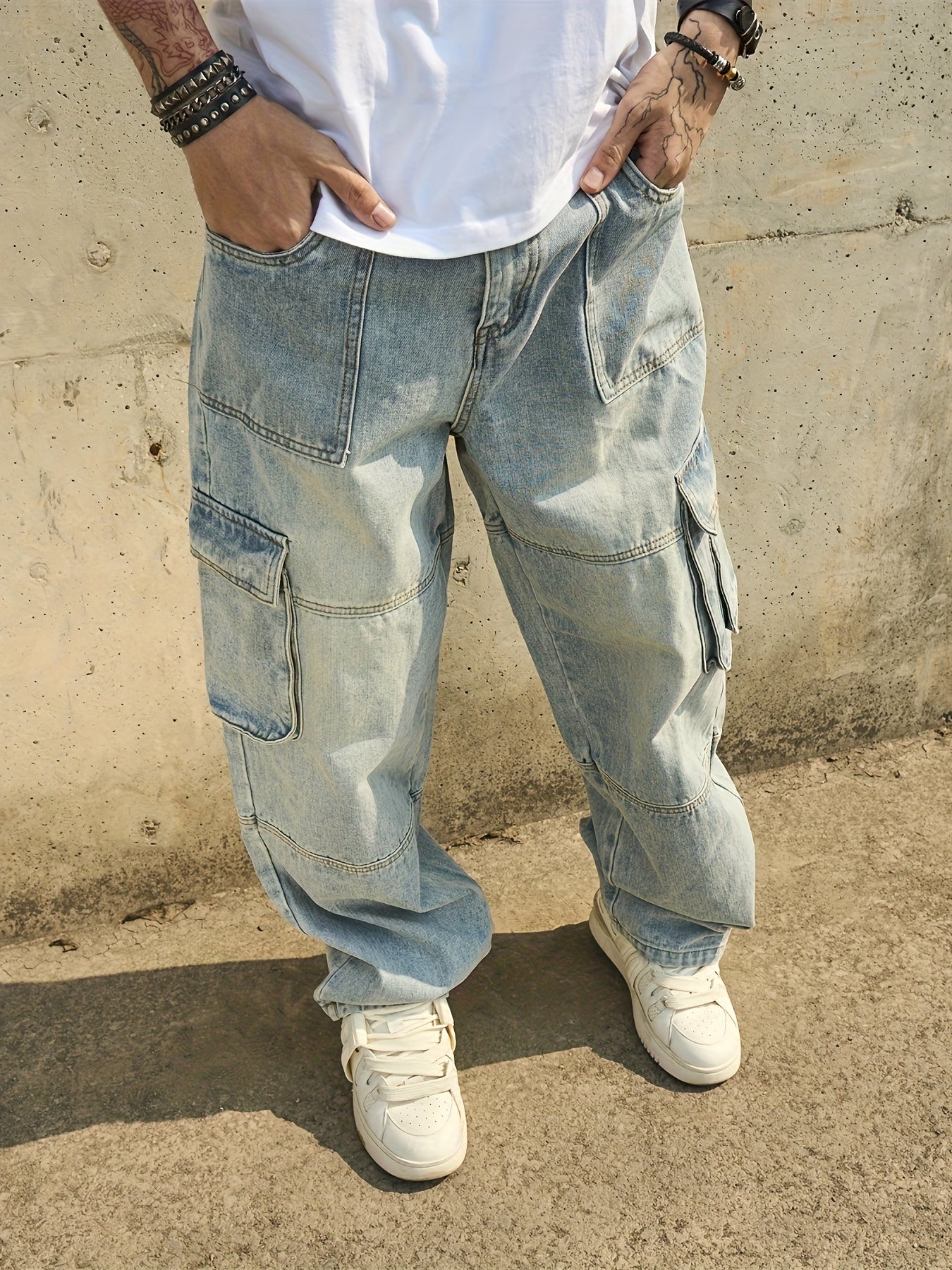 American Retro Washed Distressed Multi Pocket Workwear Youth Jeans Men'S Loose Wide Leg Floor Length Pants Trendy