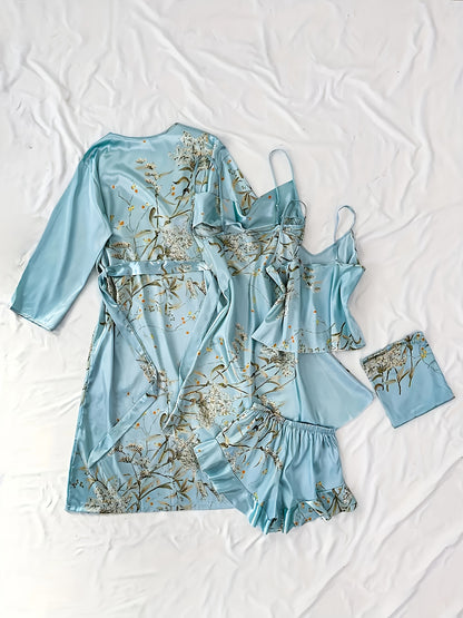 Women'S Printed Pajamas Set - Set (Including Robe, Short Suspender, Shorts And Skirt), Cherry Printed Pajamas, Loose, Soft And Comfortable