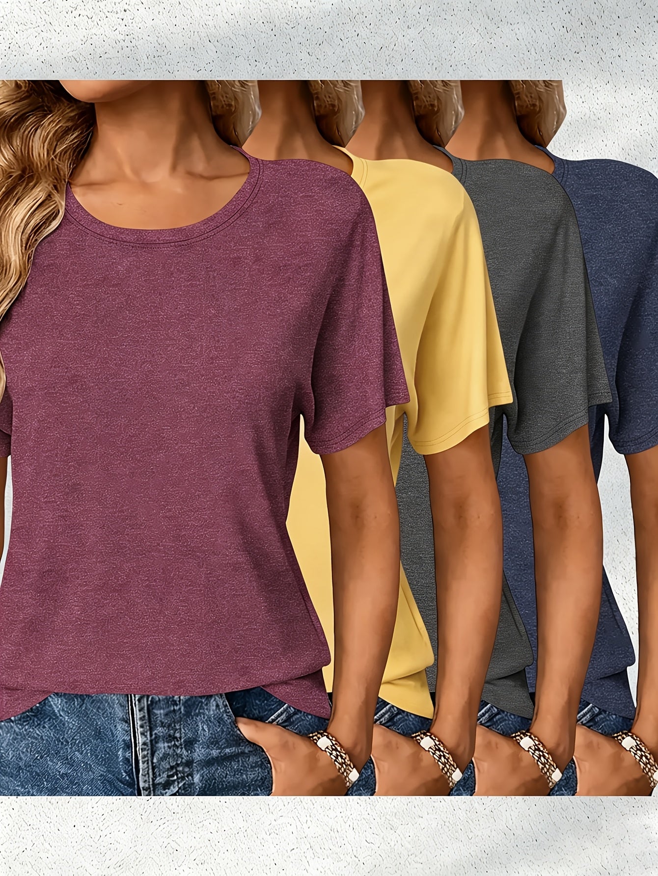 4pcs Women's Casual Rayon Short Sleeve T-Shirts- Pink, Olive Green, Dark Gray, and Brown Solid Color Crew Neck Tops, Machine Washable Four Seasons Comfortable Version, Women's T-Shirts