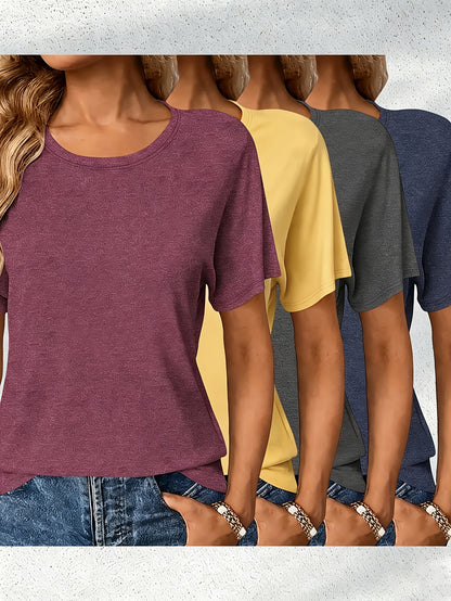 4pcs Women's Casual Rayon Short Sleeve T-Shirts- Pink, Olive Green, Dark Gray, and Brown Solid Color Crew Neck Tops, Machine Washable Four Seasons Comfortable Version, Women's T-Shirts