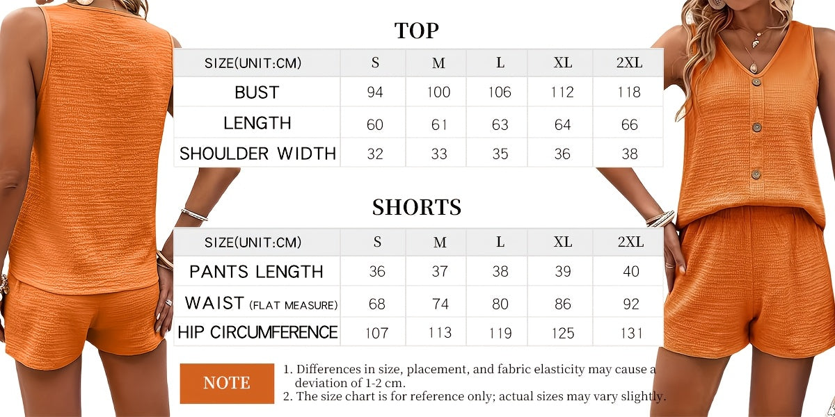 Casual Solid Color Two-Piece, Button-Front V-Neck Top And Shorts Outfit for Spring And Summer, Women'S Clothing