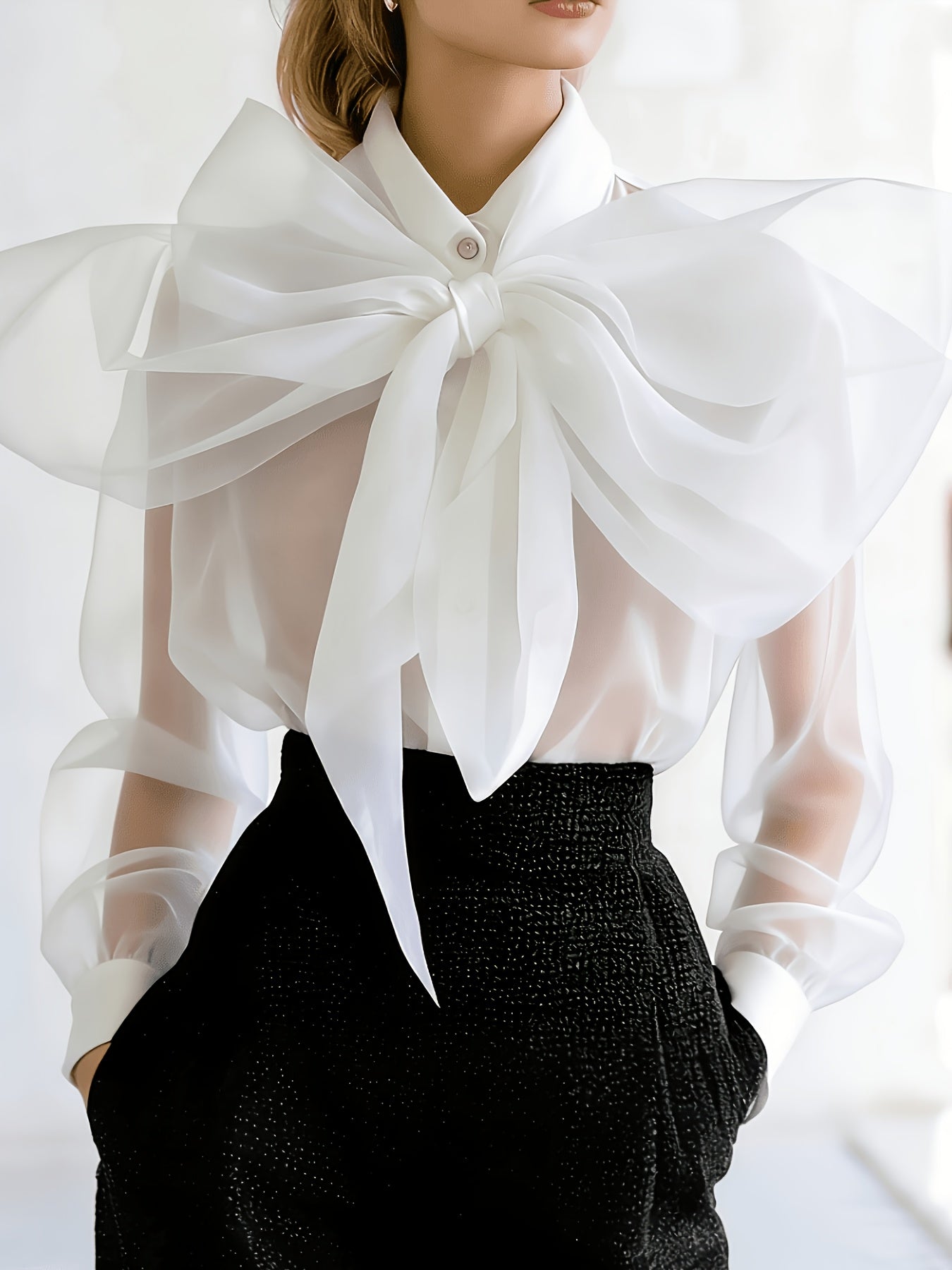 Women's Purple Sheer Chiffon Oversized Bow Neck Blouse - Elegant Fashion Long Sleeve Transparent Shirt for Date Night Party Casual Chic Top