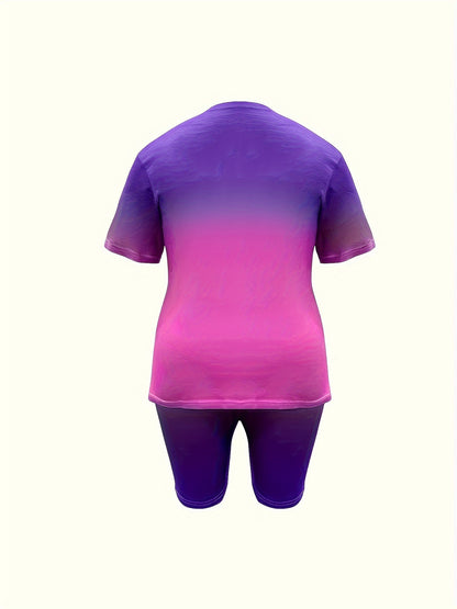 Plus Size Butterfly Print Ombre Two-piece Set, Crew Neck Short Sleeve Top & Shorts Outfits, Women's Plus Size聽Clothing