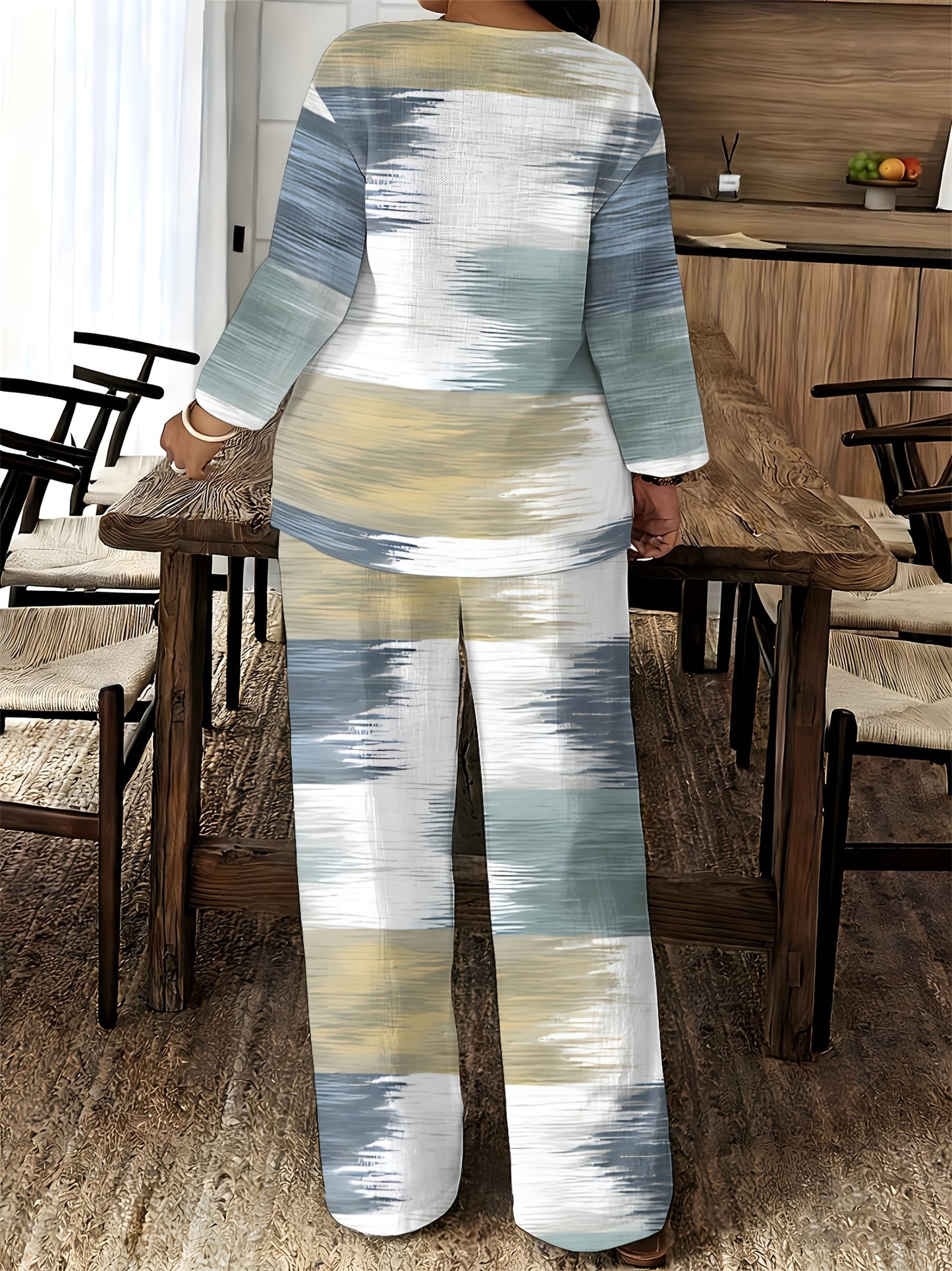 2026 New Women's Standard Size Long Sleeved Pants 2pcs Set, Set, Spring And Summer New V-Neck Long Sleeved Shirt Printed Elastic Waistband Pants 2pcs Set, Digital Printing Machine Washable Fabric, Elegant And Comfortable
