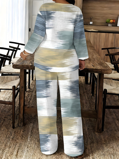 2026 New Women's Standard Size Long Sleeved Pants 2pcs Set, Set, Spring And Summer New V-Neck Long Sleeved Shirt Printed Elastic Waistband Pants 2pcs Set, Digital Printing Machine Washable Fabric, Elegant And Comfortable