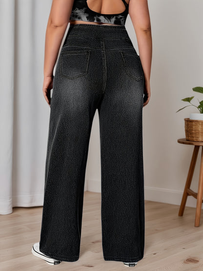 Women's Plus Size High-Waisted Wide-Leg Denim Pants - Stretch Elastic Waistband Beltless -Line Trousers, Wash-Finished Solid Blue Jeans Suitable for All-Season Casual Wear, Office, Everyday Outfits (Machine Washable)