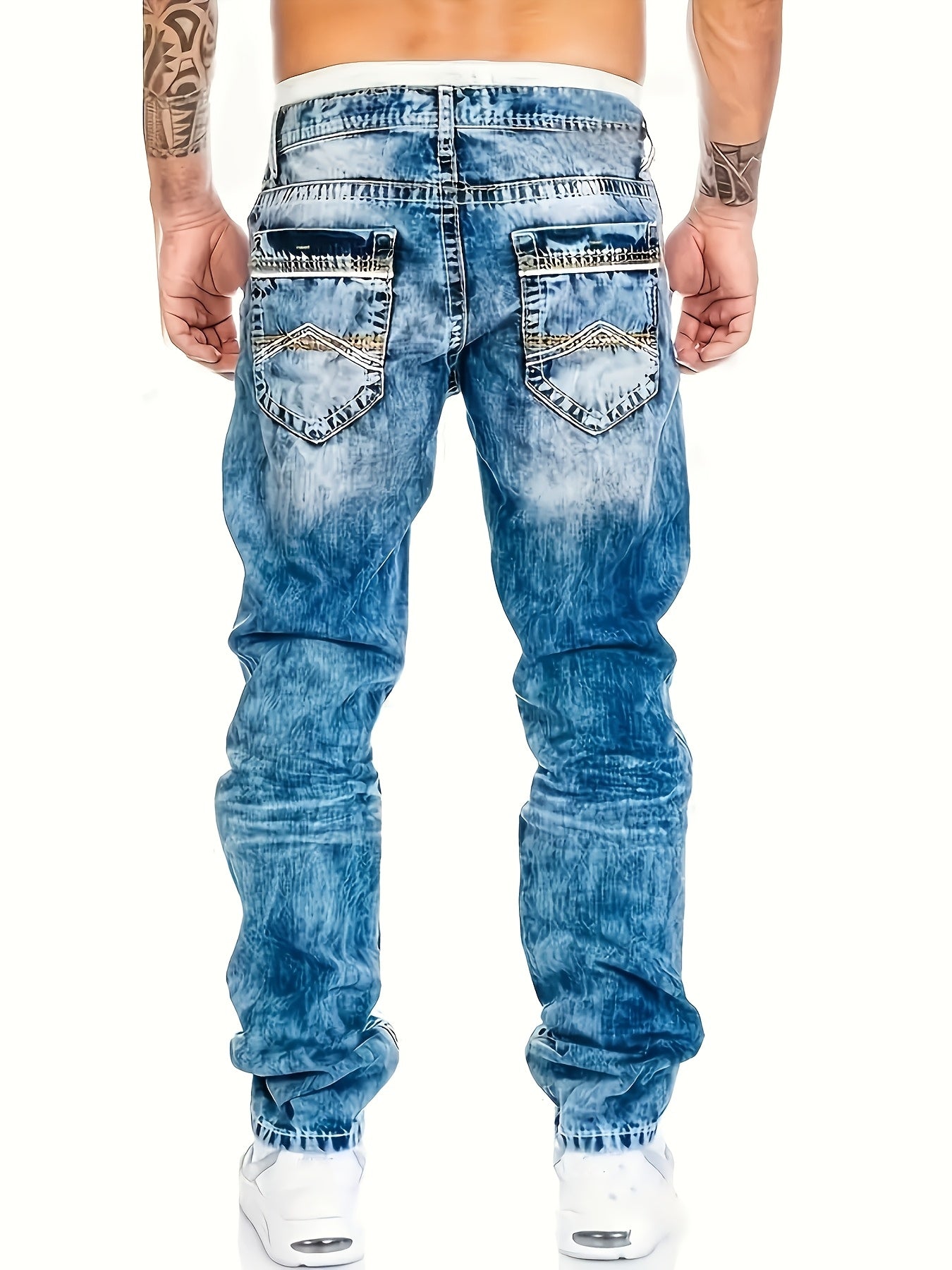 Men's Slim-Fit Straight-Leg Distressed American Snowflake Jeans - Vintage Wash Blue Denim Pants with Snowflake Pattern, Streetwear Style All-Season Casual Wear, Durable Fabric & Hand Washable