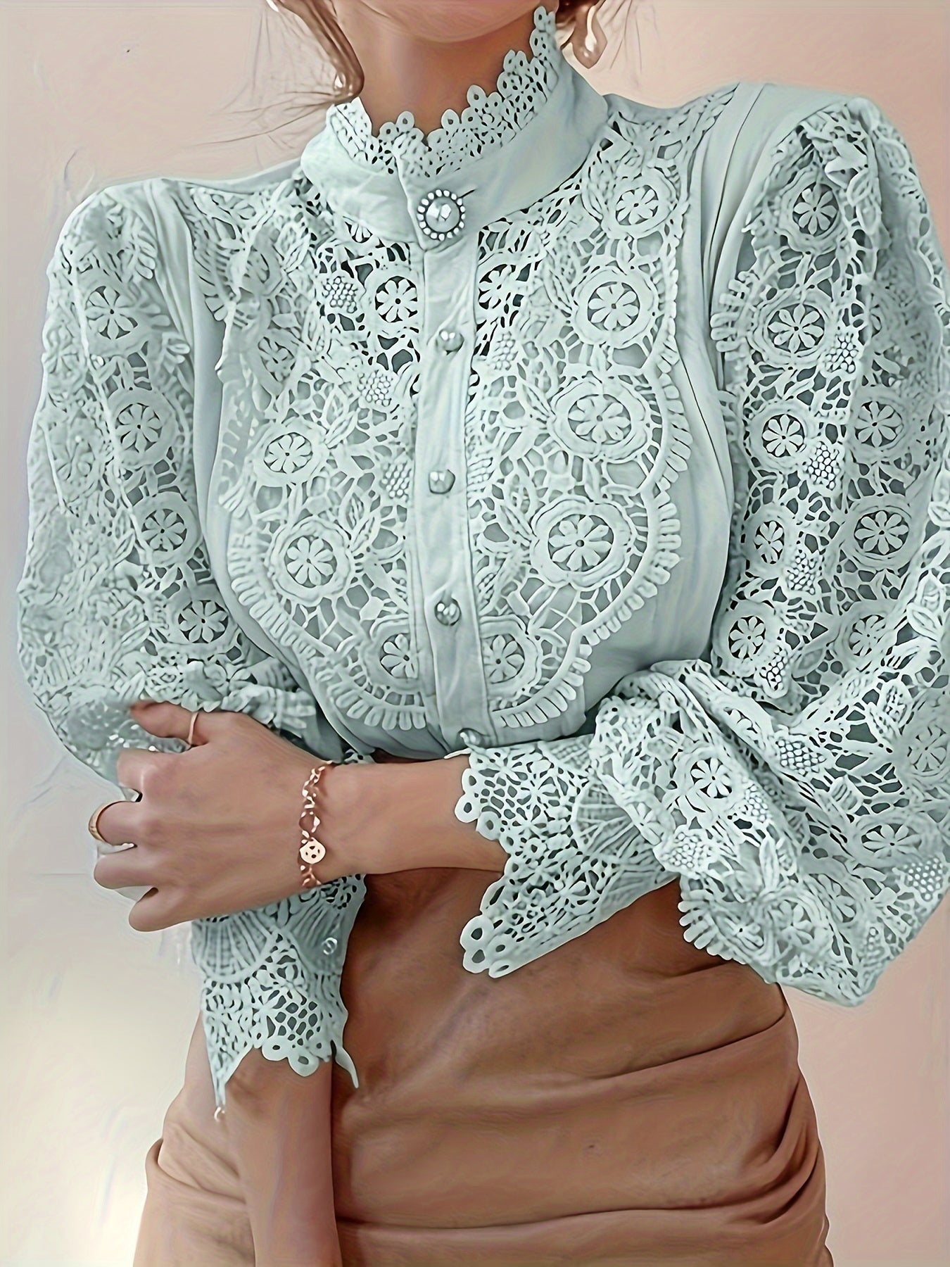 French Elegance Shows Temperament Comfortable Loose Chic Button Heavy Lace Cutout Flower Patchwork Shirt -  For Women -  Suitable for Casual Wear - Perfect Gift for Fashion Lovers