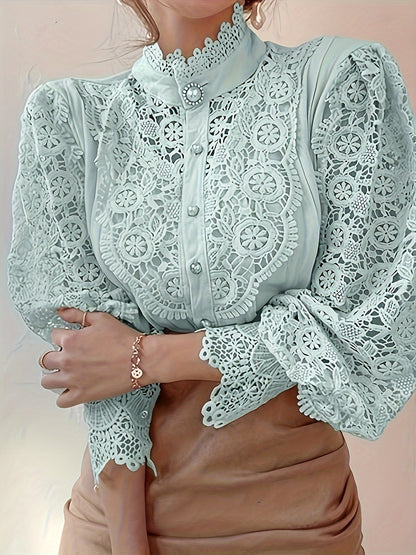 French Elegance Shows Temperament Comfortable Loose Chic Button Heavy Lace Cutout Flower Patchwork Shirt -  For Women -  Suitable for Casual Wear - Perfect Gift for Fashion Lovers