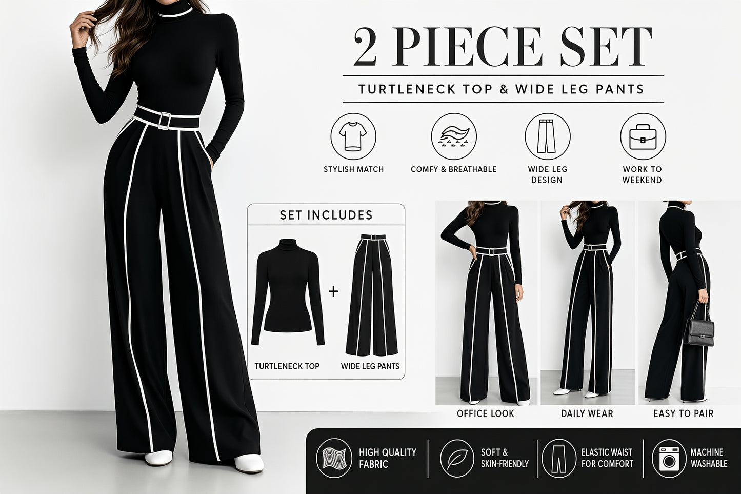 Elegant Stand-collar Top with Contrasting Trim And Waist- Long Sleeves, Paired with Wide-leg Trousers Two-piece Set