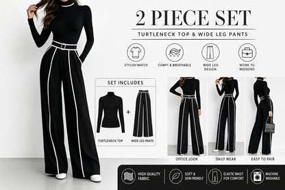 Elegant Stand-collar Top with Contrasting Trim And Waist- Long Sleeves, Paired with Wide-leg Trousers Two-piece Set