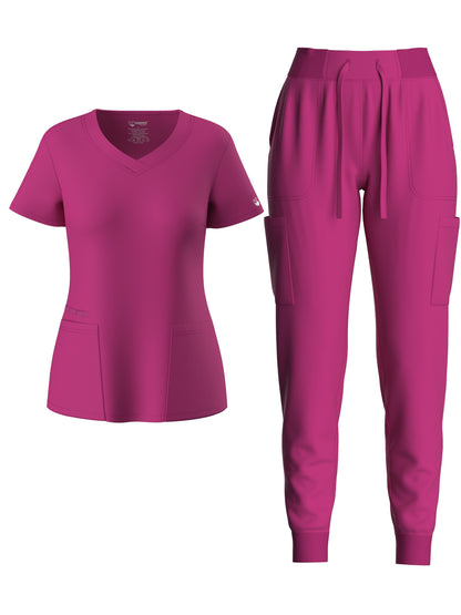 Women's Solid Two-piece Set - Elegant Short Sleeve V Neck Scrub Top & Drawstring Pants Outfits, Clothing