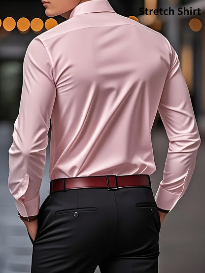 Men's Slim Fit Muscle Shirt - Stretch Polyester Blend Long Sleeve for Body Contouring | Glossy Solid Color Workout & Casual Shirt | Spring/Fall Gym-to-Street Wear (Hand Wash)
