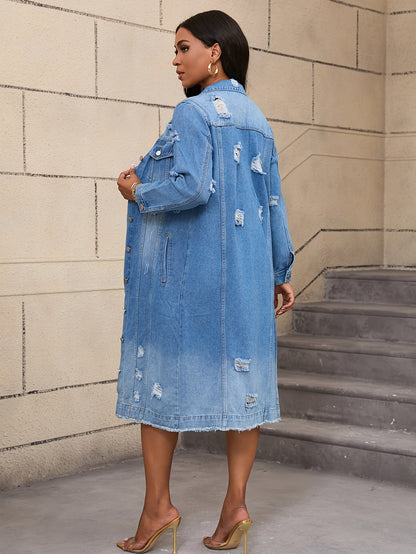 Long Ripped Denim Jacket with Real Pockets, Casual Windbreaker