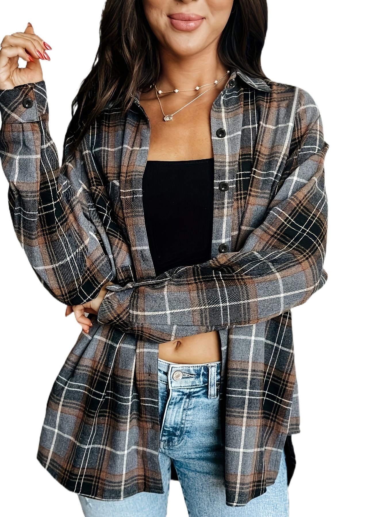 [Casual Flannel Shacket] Women's Casual Flannel Plaid Shacket Button Long Sleeve Gray Shirt Jacket Coats With Pockets
