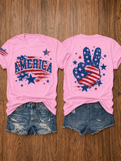 USA 250th Anniversary Independence Day American Flag Stars and Stripes Print Crew Neck T-Shirt, Summer Casual Vacation Women's Short Sleeve Top, Soft Stretch Fabric, Multiple Colors Available