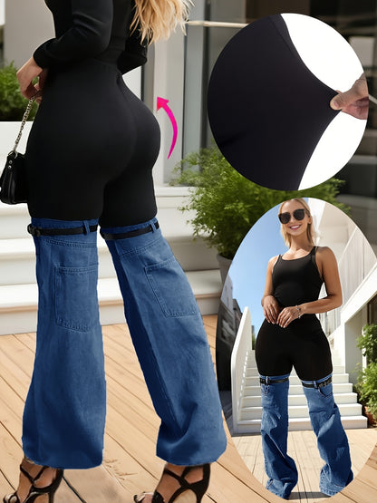 Women'S High Waist Two Tone Patchwork Flare Pants, Black Slim Fit Leggings with Light Wash Denim Bell Bottom Legs And Adjustable Buckle Strap Design for Y2K Streetwear, Perfect for Retro Streetwear Looks