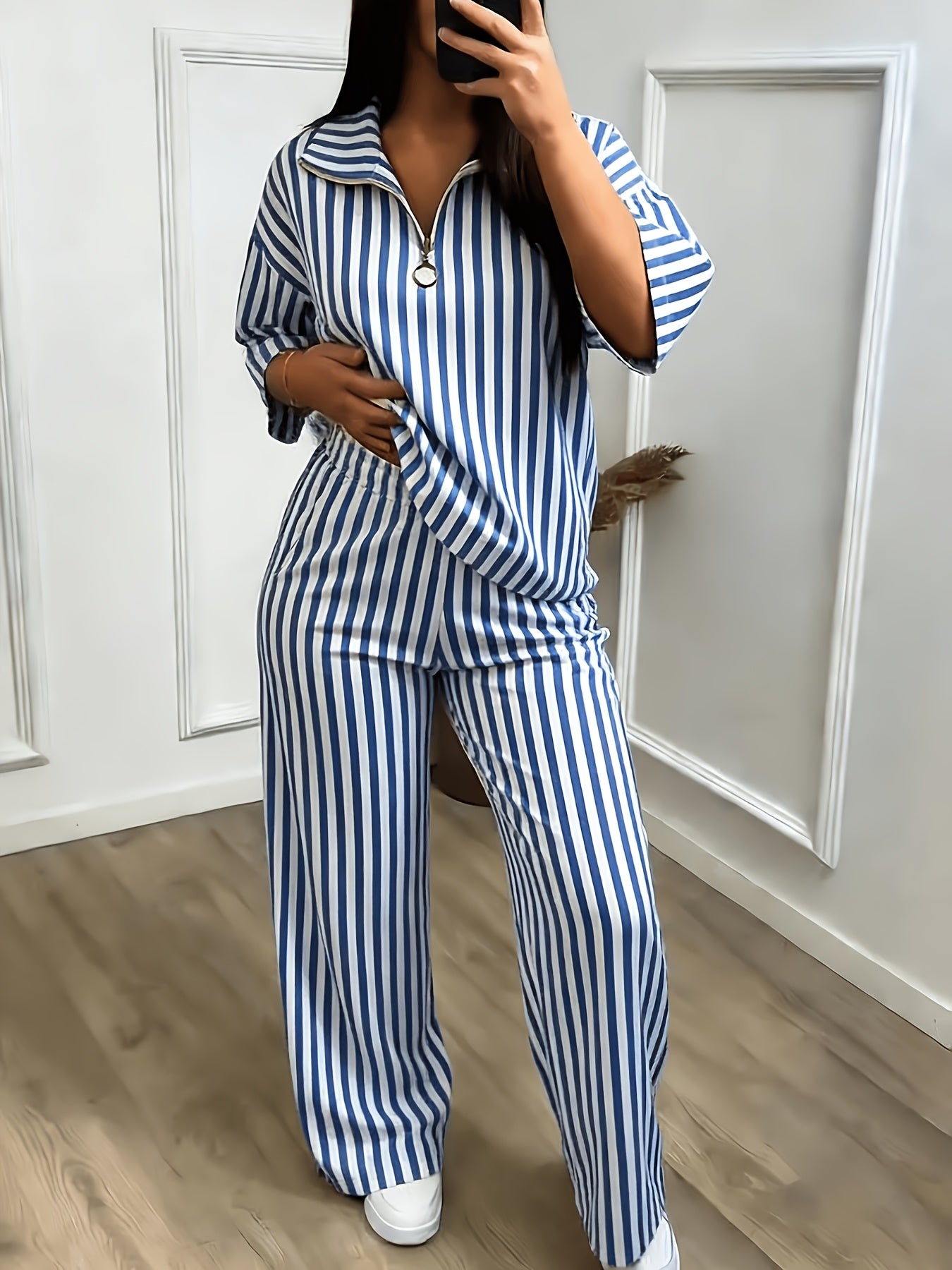 Women'S Casual Sporty Color-blocked Half-zip Stand-up Collar Mid-sleeve Sports Top + High-waisted Wide-leg Side Striped Sports Pants