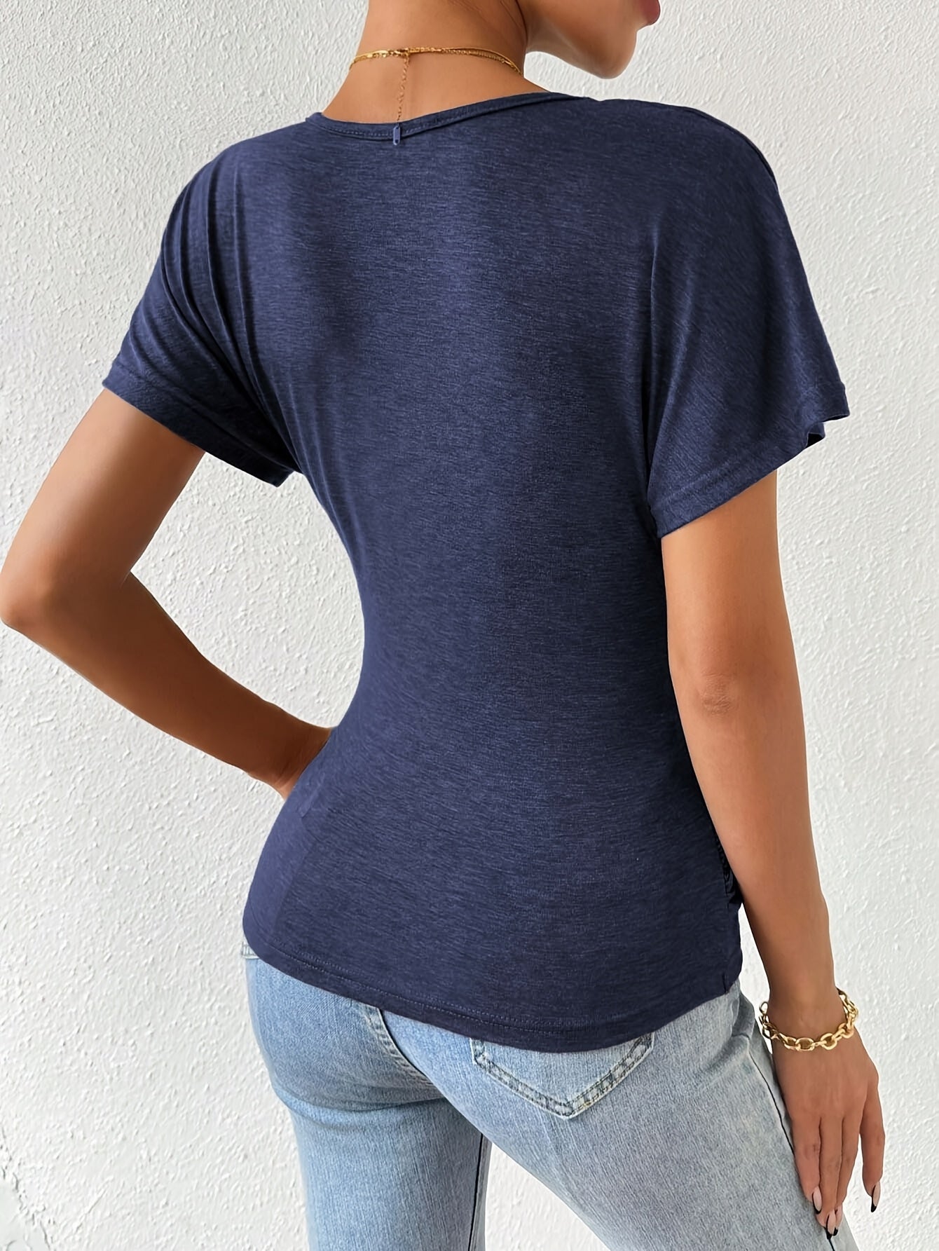 [V-Neck Ruched Solid Color T-Shirt] Solid Color Cross V-Neck Ruched T-Shirt, Casual Short Sleeve Slim T-Shirt for Spring & Summer, Women'S Clothing