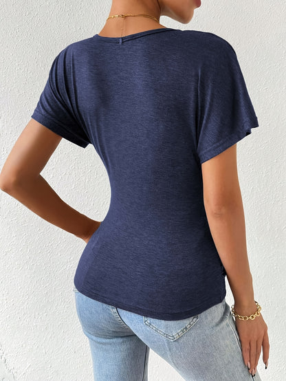 [V-Neck Ruched Solid Color T-Shirt] Solid Color Cross V-Neck Ruched T-Shirt, Casual Short Sleeve Slim T-Shirt for Spring & Summer, Women'S Clothing