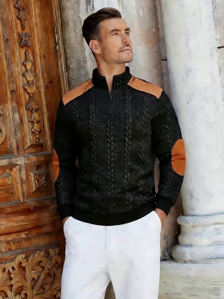 Casual Top for Men in Autumn/Winter, Featuring a Textured Wheat Pattern Fabric, Contrasting Ribbed Edges, And a Zippered Long-Sleeve Henley Design. an Ideal Present for New Year, Valentine'S Day, Or for Your Husband