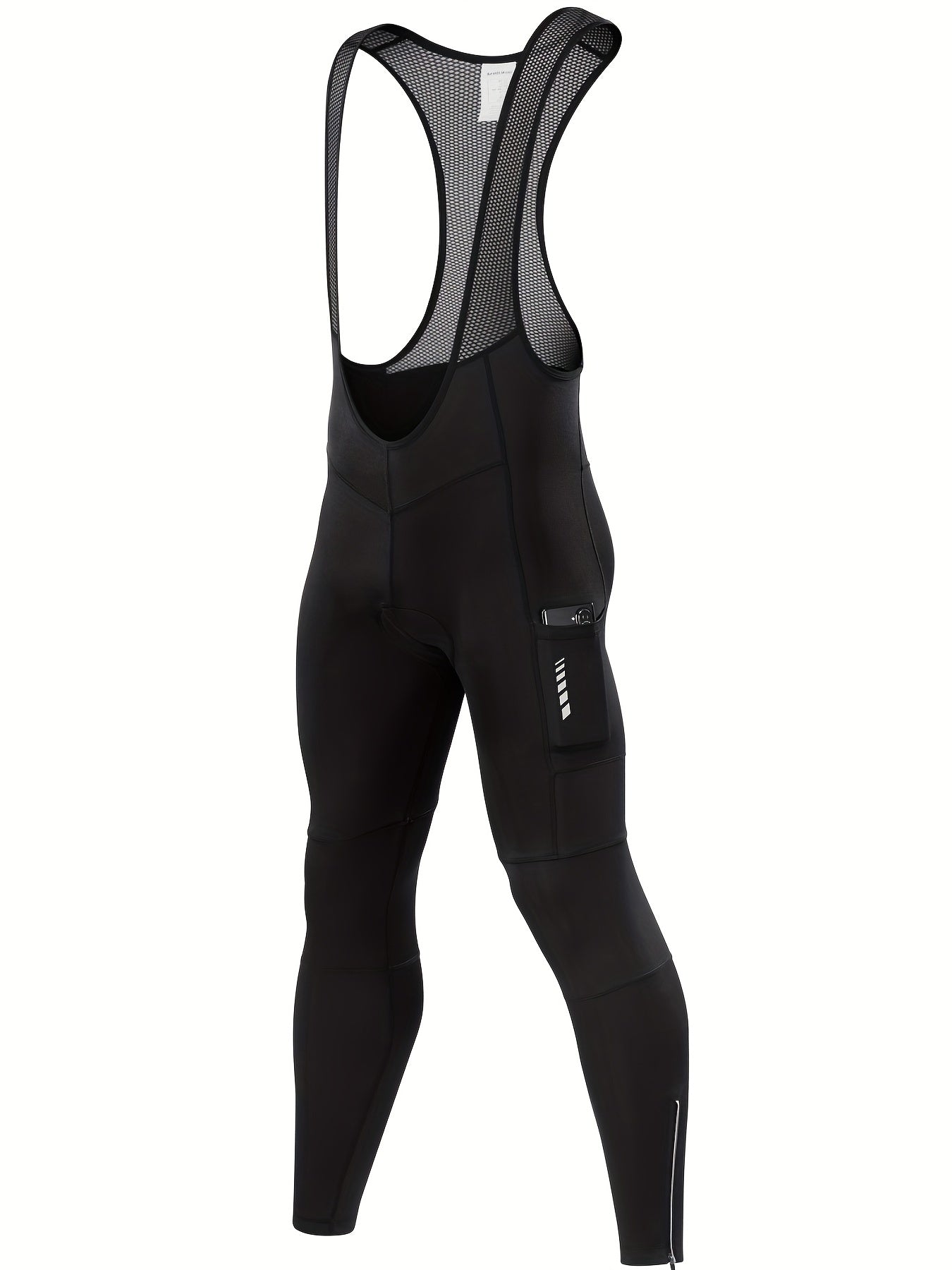 QUALICOS Men'S Insulated Cycling Bib Tights - Cold Weather Pants Featuring Fleece Lining, Shock-Absorbing Padding, Stretchy Mesh Material, Side Pockets & Ankle Zippers - Form-Fitting Bike Leggings for Winter Cycling, Running, And Commuting - Black