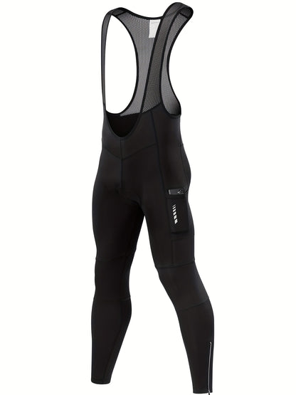 QUALICOS Men'S Insulated Cycling Bib Tights - Cold Weather Pants Featuring Fleece Lining, Shock-Absorbing Padding, Stretchy Mesh Material, Side Pockets & Ankle Zippers - Form-Fitting Bike Leggings for Winter Cycling, Running, And Commuting - Black