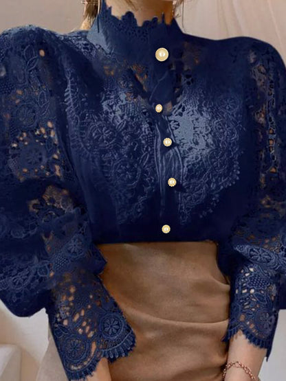 French Elegance Shows Temperament Comfortable Loose Chic Button Heavy Lace Cutout Flower Patchwork Shirt -  For Women -  Suitable for Casual Wear - Perfect Gift for Fashion Lovers