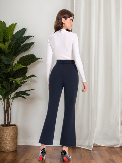 Elegant Plaid Flare Trousers for Women Featuring a High Waist And Tie Belt, Designed for a Slim Fit with Pockets, Perfect for Office Wear