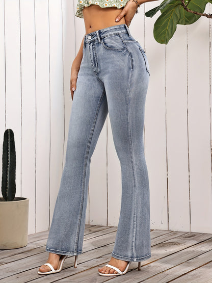 Women's High-Waist Stretch Denim Flare Jeans with Star Embroidery Pockets - Vintage Light Wash Bell Bottoms, Casual Comfort Fit, Machine Washable