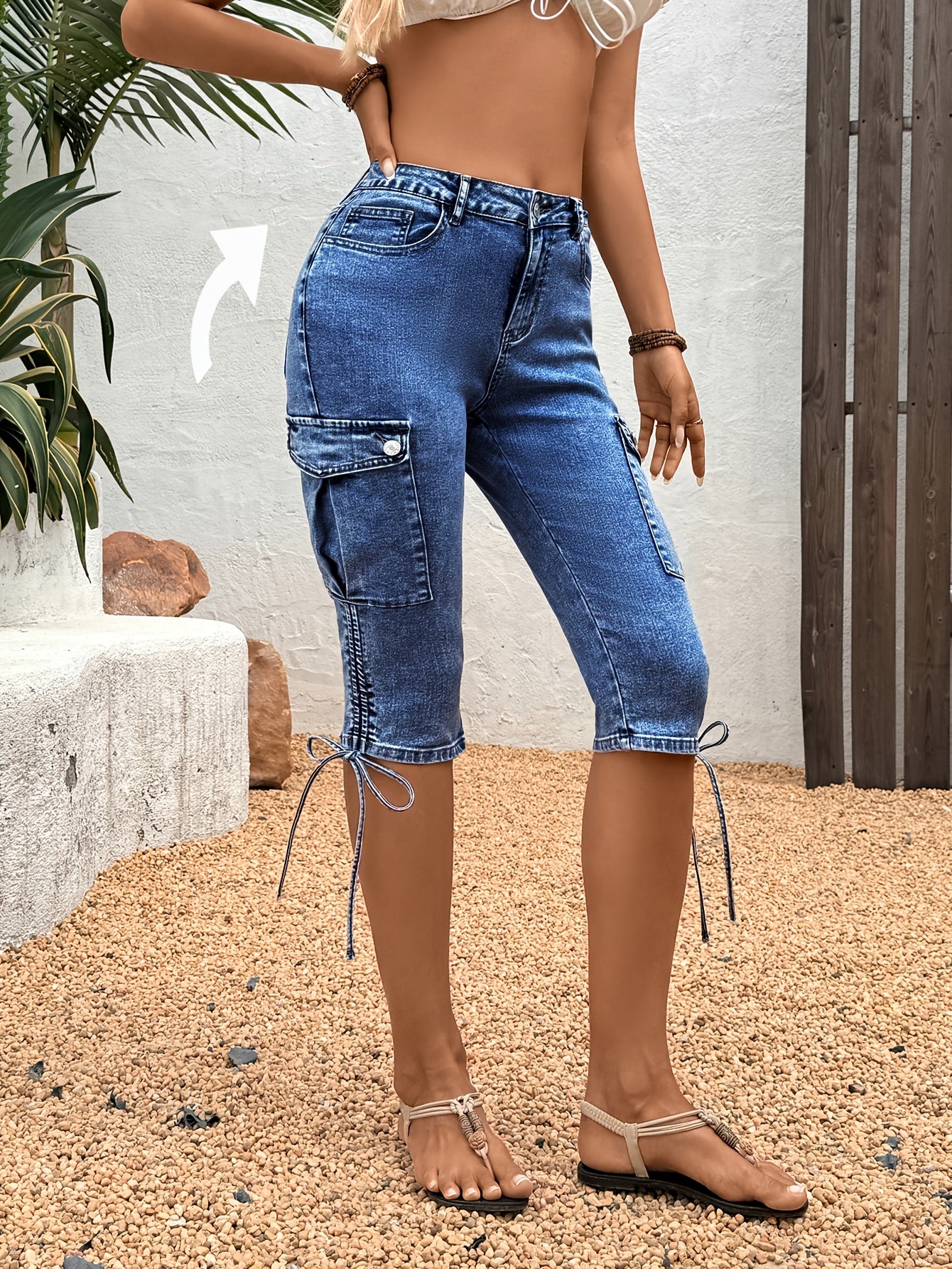 Drawstring Side Flap Pocket Side Cargo Jeans