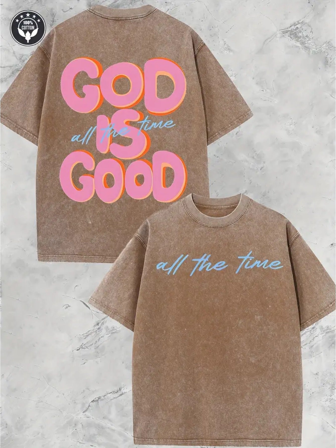 A 250G Washed Short-Sleeve Top with a Round Neck Featuring The Phrase 'GOD IS GOOD', Showcasing a Unique Double-Sided Design. This Is a New Collection for Spring And Summer Suitable for Both Men And Women