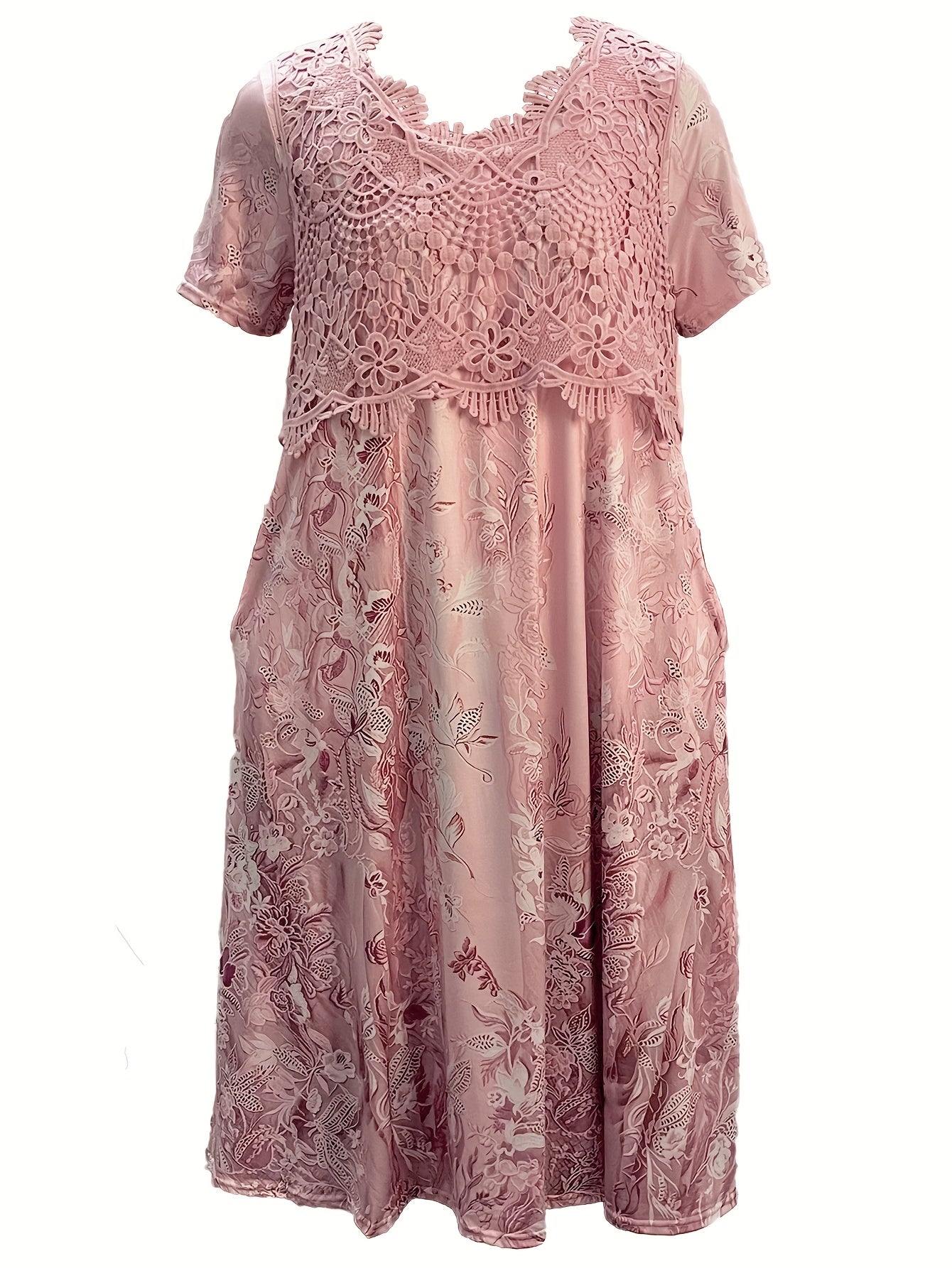 Plus Size Flower Print Midi Dress with Lace Neck and Short Sleeve