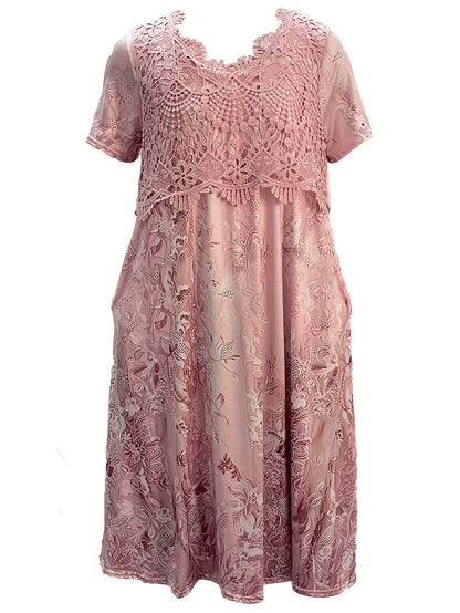 Plus Size Flower Print Midi Dress with Lace Neck and Short Sleeve