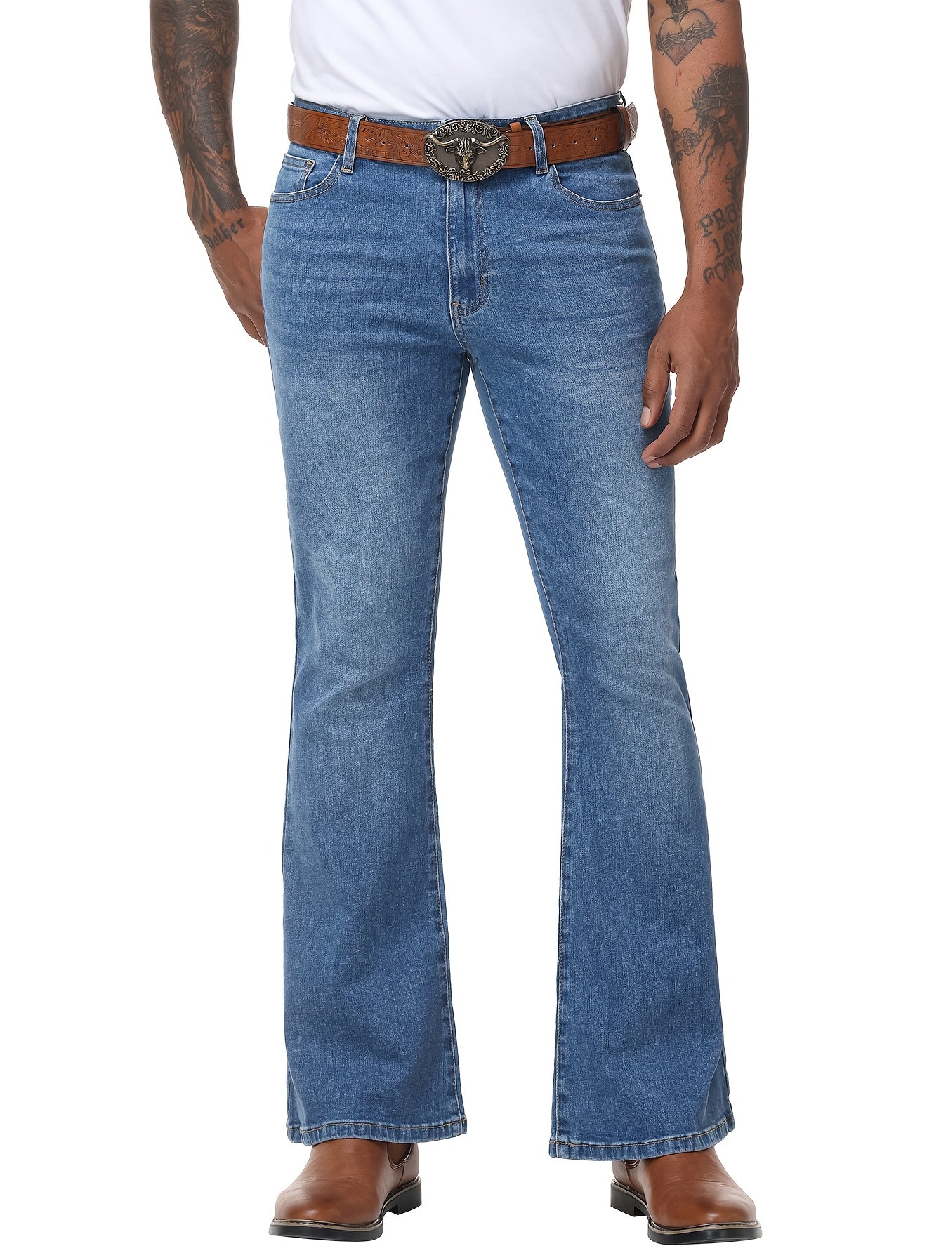 Men's Vintage 70s Retro Bell Bottom Jeans - Wide- Flare Pants with Mid-Stretch Blend, Beltless Suitable for Disco Parties, Night Out & Casual Attire, Machine Washable Mid-Rise Bottoms
