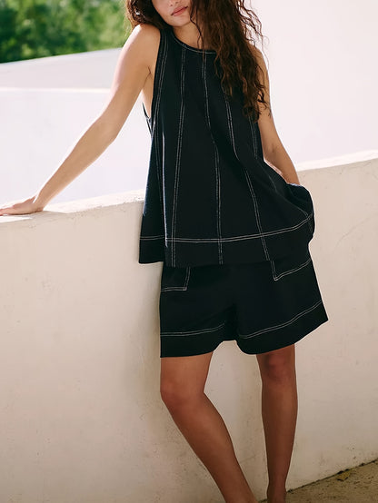 Womens 2pcs Outfits Sleeveless Matching Sets A Line Tank Tops Contrast Stitching High Waist Shorts with Pockets