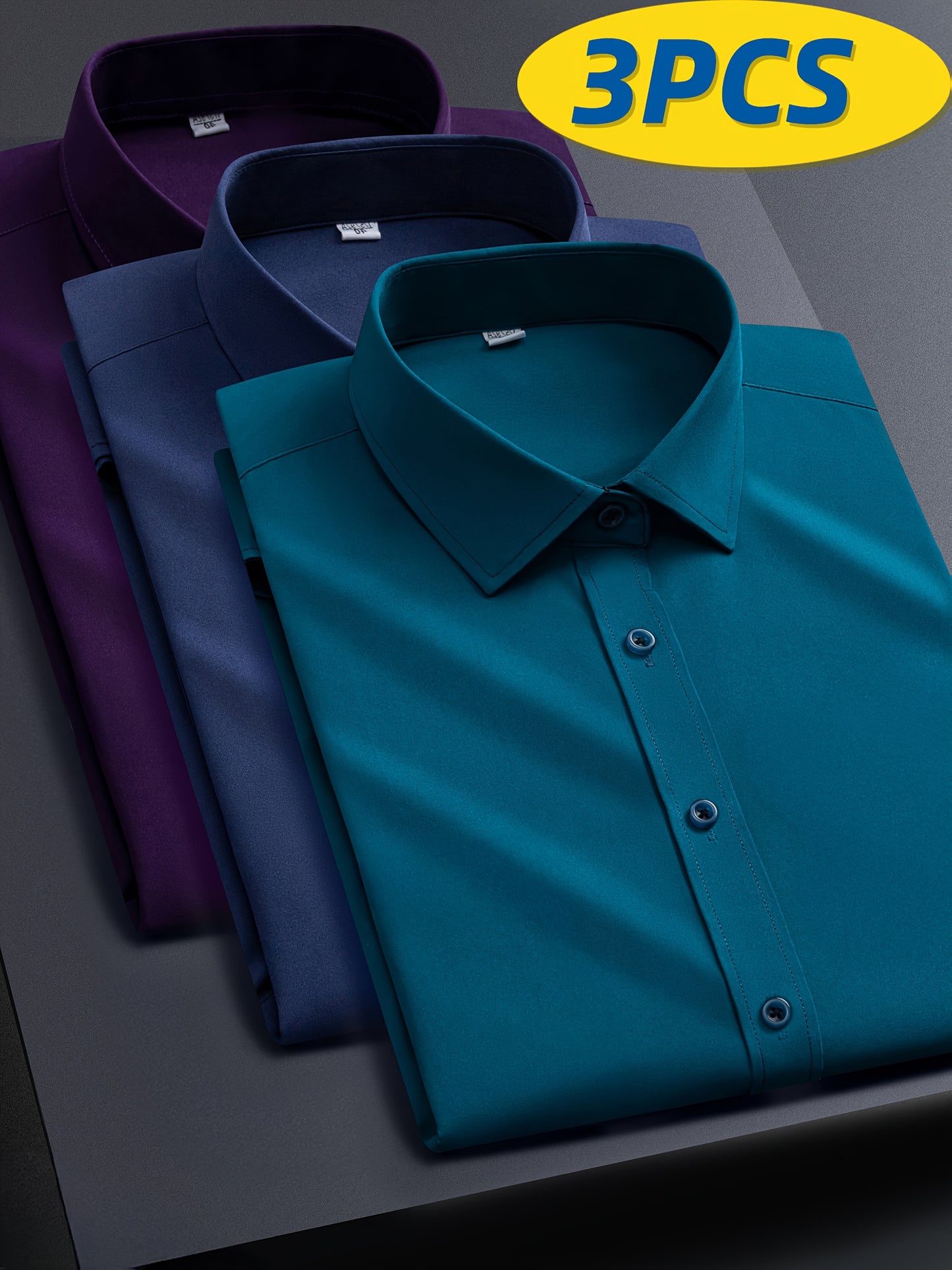 3pcs Men'S Stretch Long Sleeve Business Casual Dress Shirts