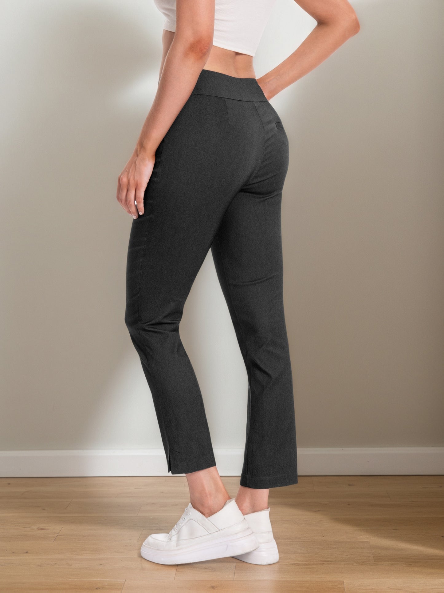 Women'S Pull-On Stretch Ankle Pants, High Waist Wide Waistband, Slim Straight Leg Fit, Side Pockets, Smooth Soft Fabric, Comfortable Work Dress Pants, Business Casual Office Career, Travel Commuter, Everyday Basics, Flattering Tailored Look
