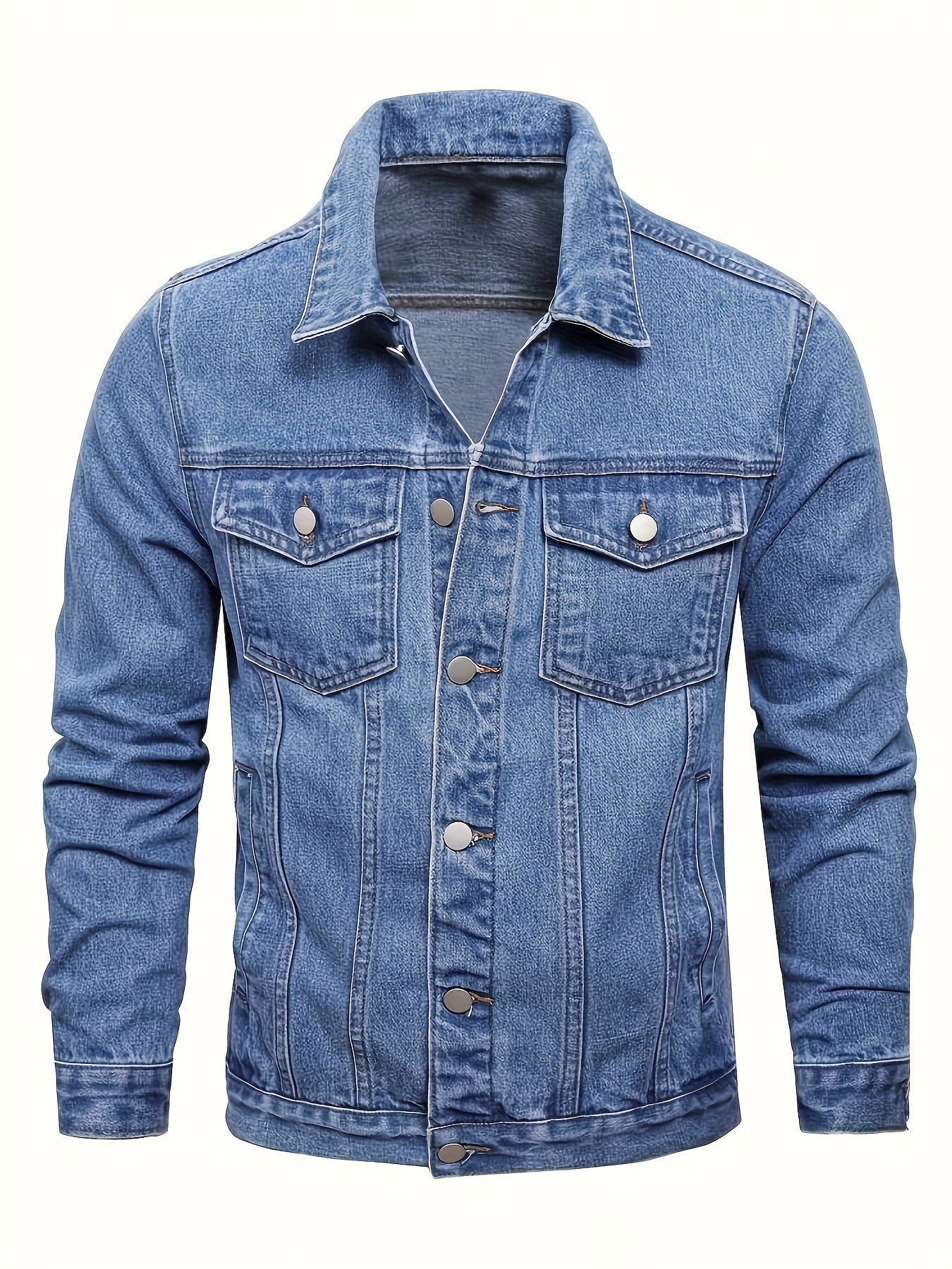 1pc Men'S Casual Denim Jacket, 80% 20%, Solid Color, Lapel Collar, Non-Stretch Woven Fabric, Regular Fit with Pockets