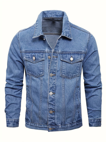 1pc Men'S Casual Denim Jacket, 80% 20%, Solid Color, Lapel Collar, Non-Stretch Woven Fabric, Regular Fit with Pockets