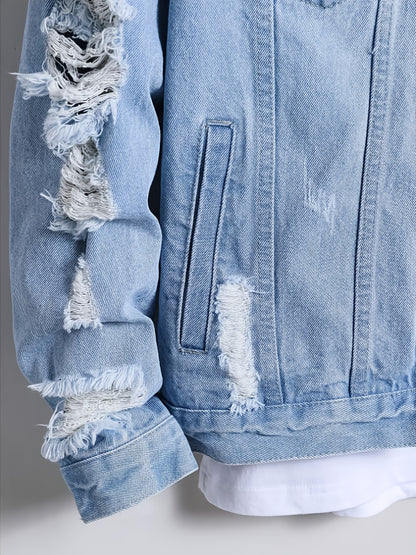 Minimalist Casual Men'S Denim Jacket, Heavy-duty Washed Irregular Perforated Style, Loose Fit For More Comfortable Wearing, Lapel Design, Single-row Button Closure With Open Front, Fashionable And Trendy Men'S Denim Jacket