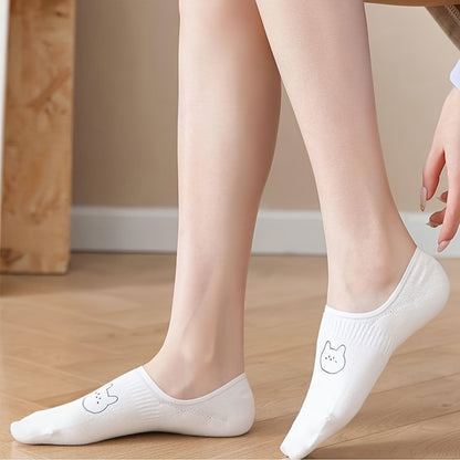 20 Pairs Women's Cute Anime Animal Face Socks - Soft Non-Slip Invisible Tip Boat & Short Socks with Heart & Bear Patterns, All-Season Comfort for Daily Wear, White with  Soles & Laces - Kawaii Style Socks for & Women, Elegant & Playful Cartoon Animal Desi