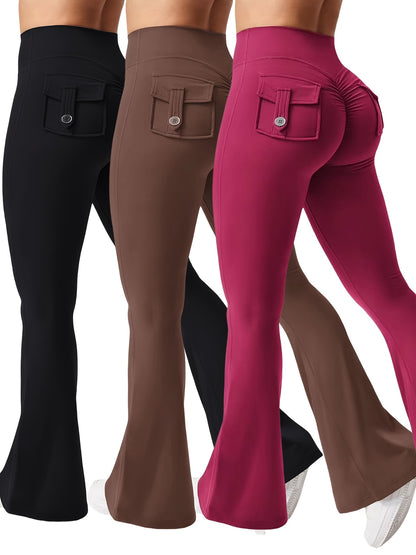 Women's Autumn 3pcs Set, New Style Casual Flared Yoga Pants, Training Flared Trousers, High-Waist Workwear with Belt and Pockets, Sportswear, Halloween Costume, Christmas Apparel