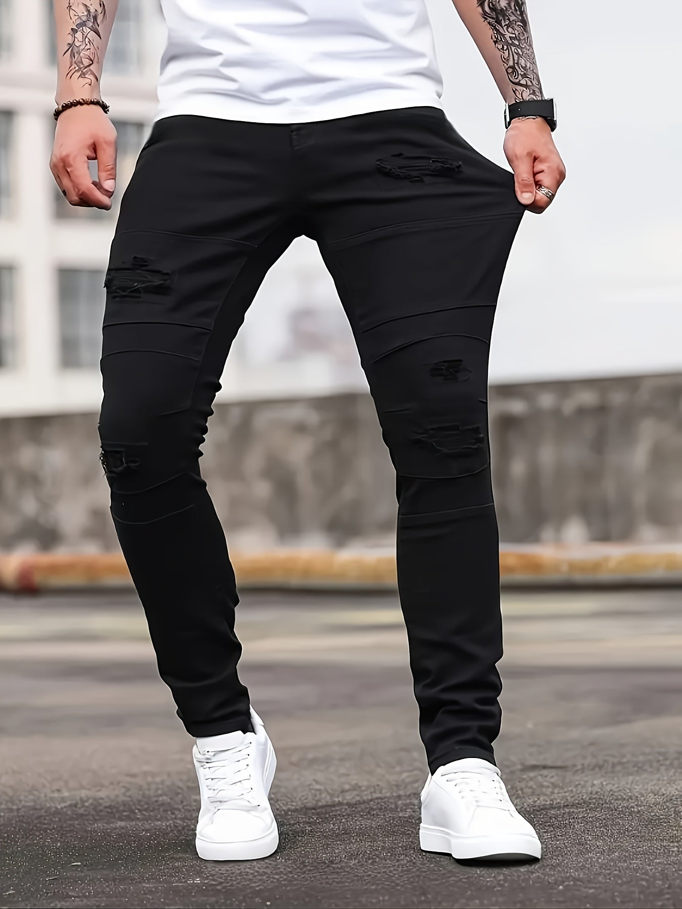 [HME] Men'S Casual Jeans, Fashionable Perforated Patch Style, Three-Dimensional Cut And Patchwork Design, Mid-Waist Elastic Slimming Skinny Pants, Suitable for All Seasons, Essential for Daily Casual Wear Men'S Denim Long Pants